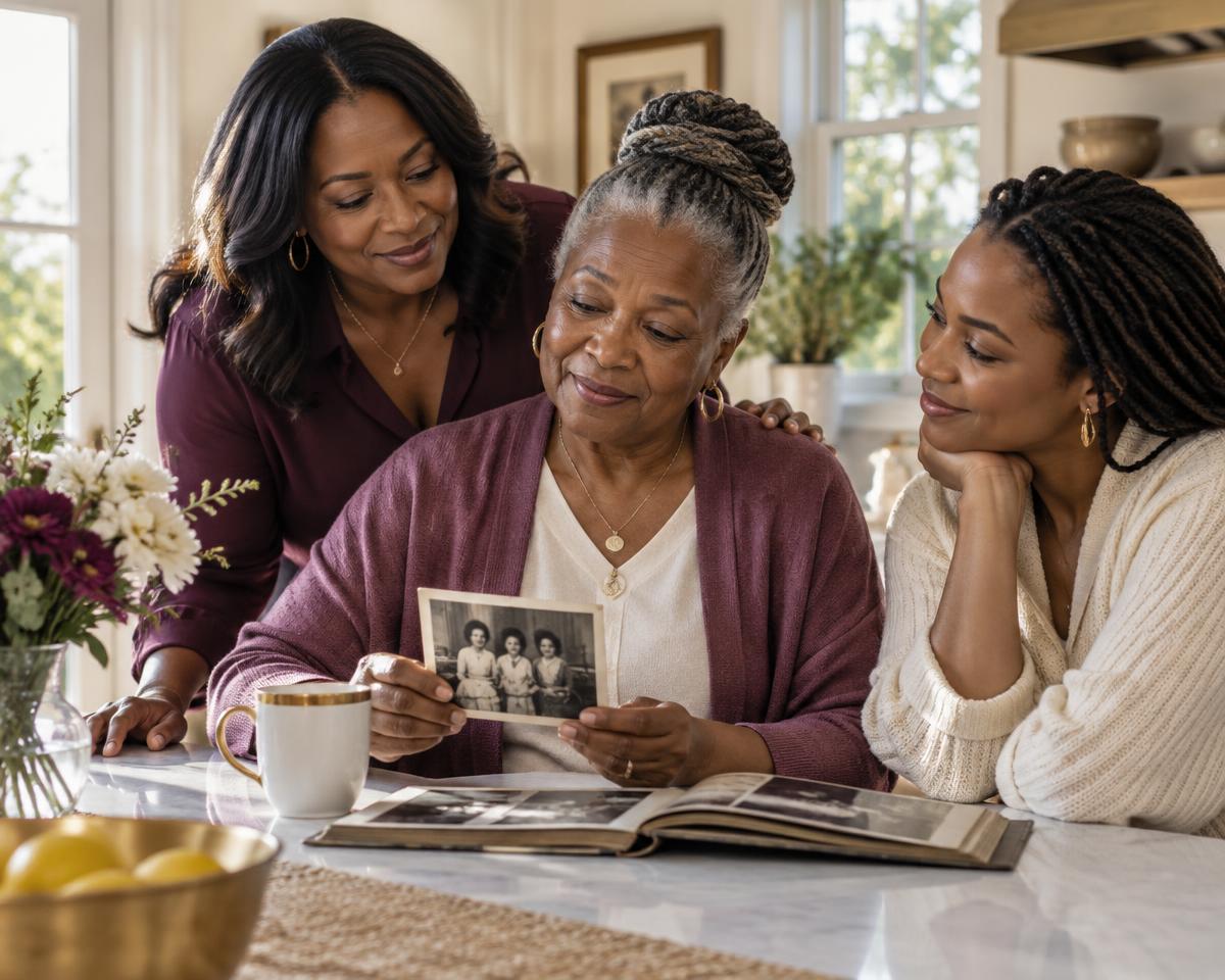 Three women reflecting on treasured family memories at home